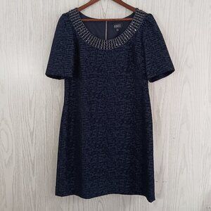 Adrianna Papell Dress Black‎ Navy Textured Beaded Neckline Short Sleeve Size 10